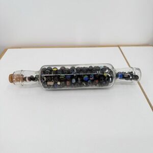 Vintage 14" Clear Glass Rolling Pin Filled With Dark‎ Marbles Cork End Cap